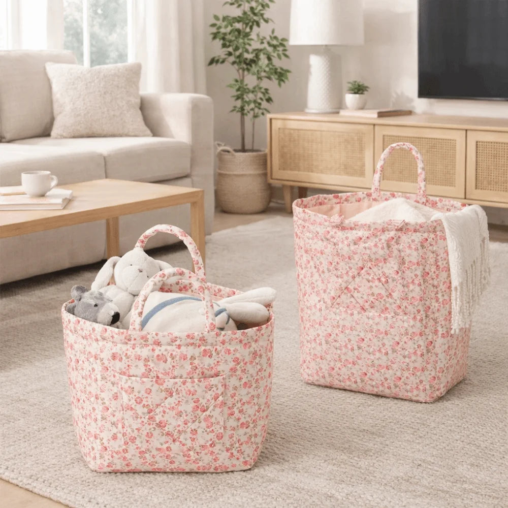 panier rangement tissu motifs floraux rose blanc rangement linge jouets multipurpose