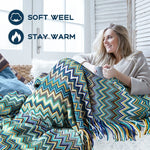 couverture acrylique bleu zigzag moderne pompon portable printemps automne maison voyage