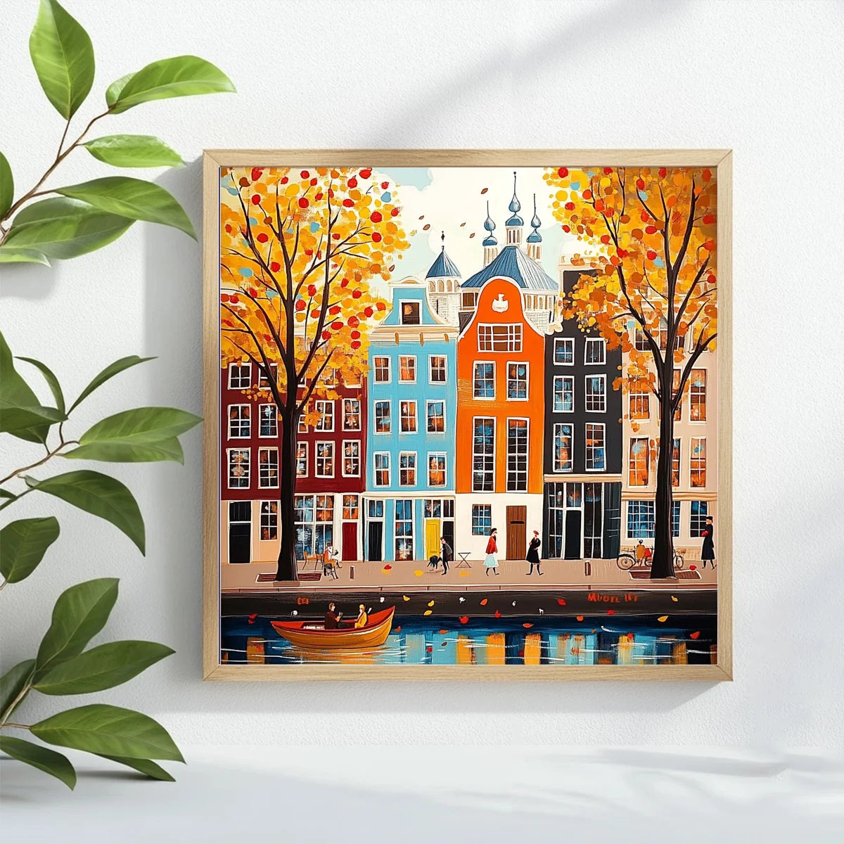 tableau peinture motifs urbains automne personnes bateau contemporain instructions aiguilles tissu brodé