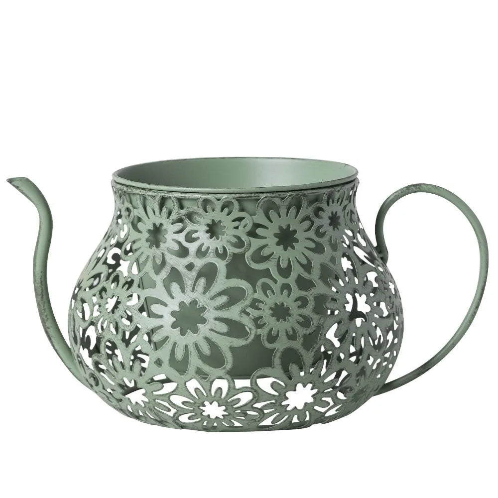 Pots fleurs vintage métal rose beige bleu clair vert marron noir fleurs découpées poignées