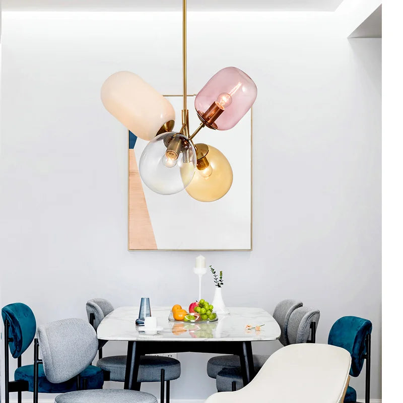 Suspension lumineuse moderne blanc rose doré rond translucide ampoules filament