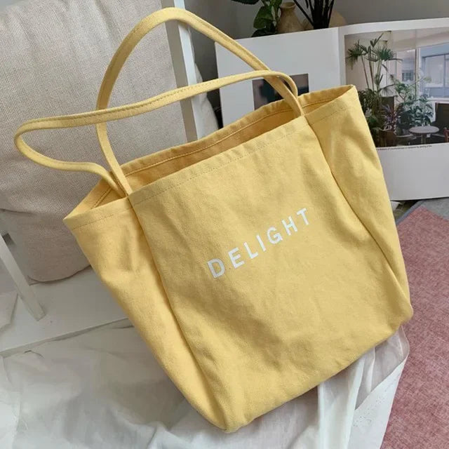 sac main toile réutilisable polyvalent lettre DELIGHT blanc jaune vert violet poche téléphone