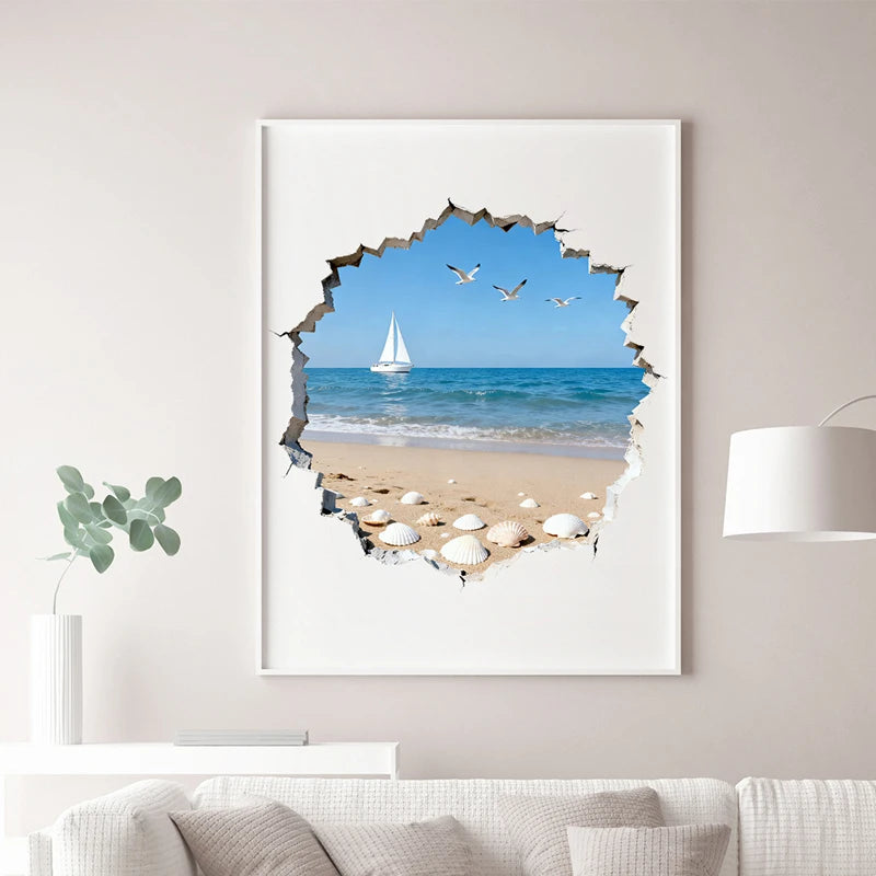 sticker mural paysage marin plage coquillages oiseaux voilier bleu blanc 3d chambre maison
