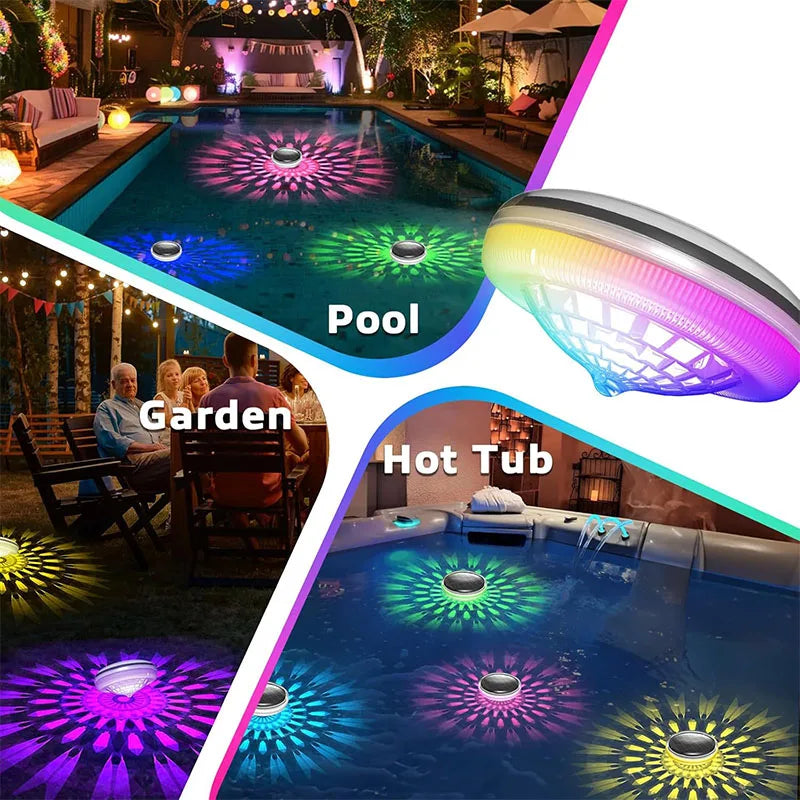 éclairage flottant piscine led noir argenté couleurs modes télécommande ipx7