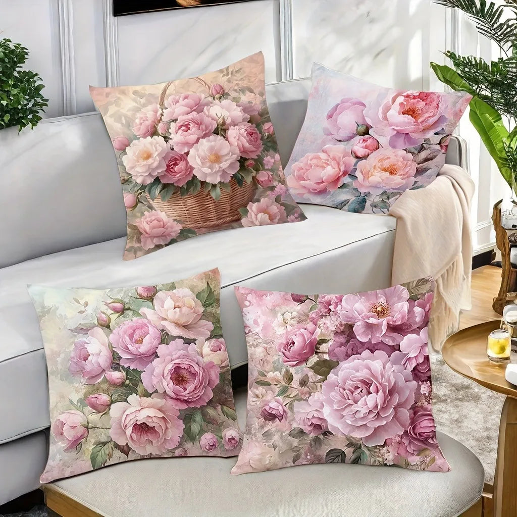 housse coussin imprimé bouquet fleurs roses blanches vintage couleurs rose beige vert polyester 40x40cm