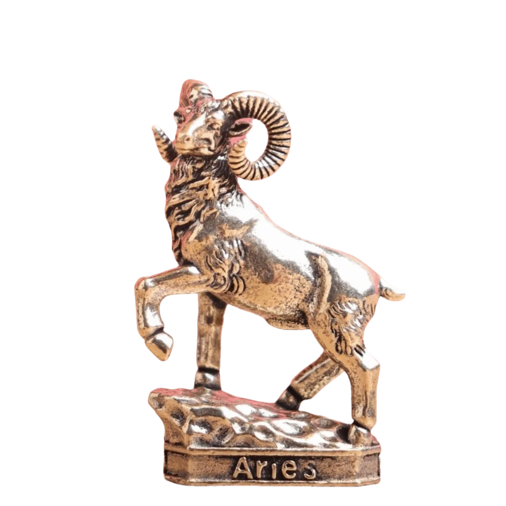 statues zodiacales bronze doré détaillées classiques base carrée étiquette nom signe zodiaque