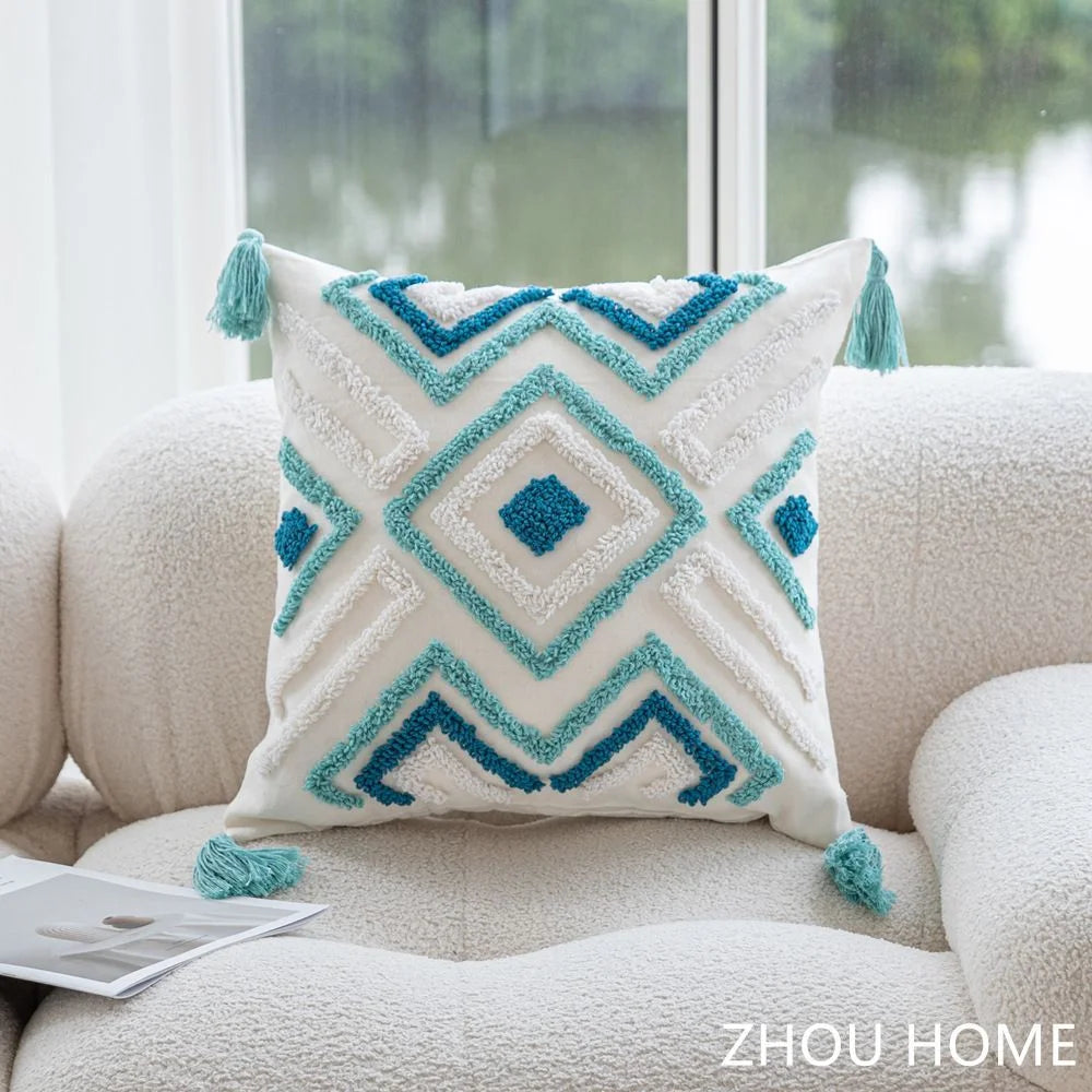 coussins bohèmes 3d franges taies d'oreiller décoratives géométriques brodés moderne blanc bleu clair polyester