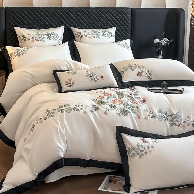 ensemble literie quatre pièces coton broderie florale classique beige housse couette drap taies