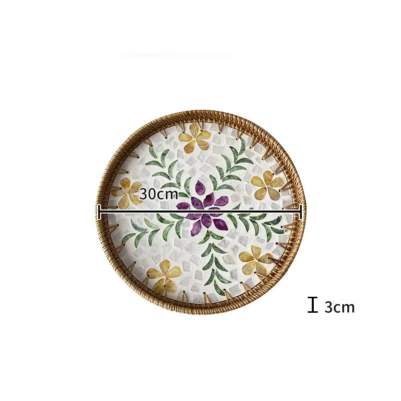 assiette plate décorative rotin tressé motif fleurs boho rustique couleur naturelle