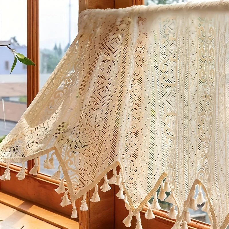 rideau polyester semi transparent beige dentelle géométrique vintage tassellets chambre salon cuisine