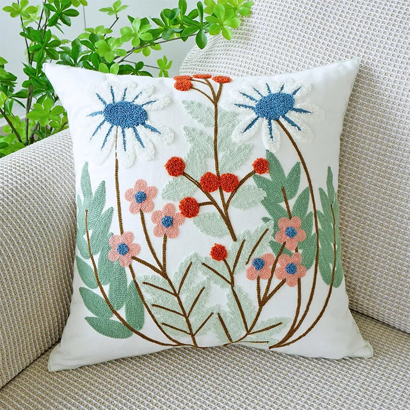 taies d'oreiller fleur brodées moderne coton polyester lit décoration maison bleu blanc vert