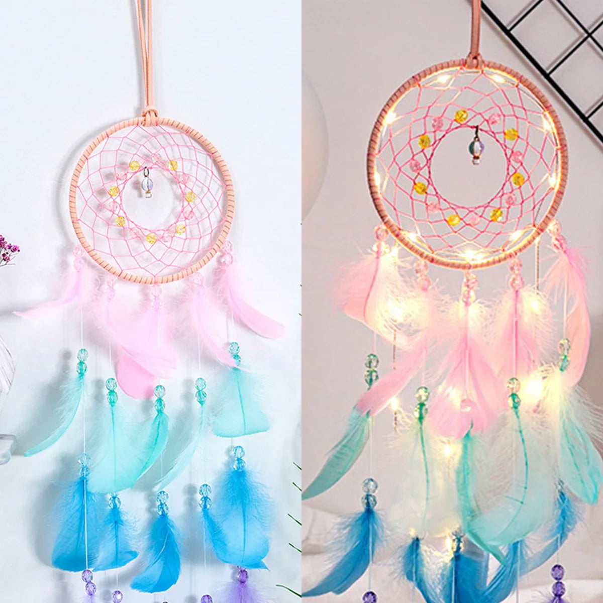 attrape rêves plumes fleurs licorne dorée chambre fille décoration murale rose bleu violet