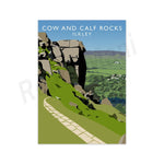 Affiche promotionnelle des Cow and Calf Rocks à Ilkley, montrant un sentier rocheux traversant un paysage verdoyant avec des collines au loin.