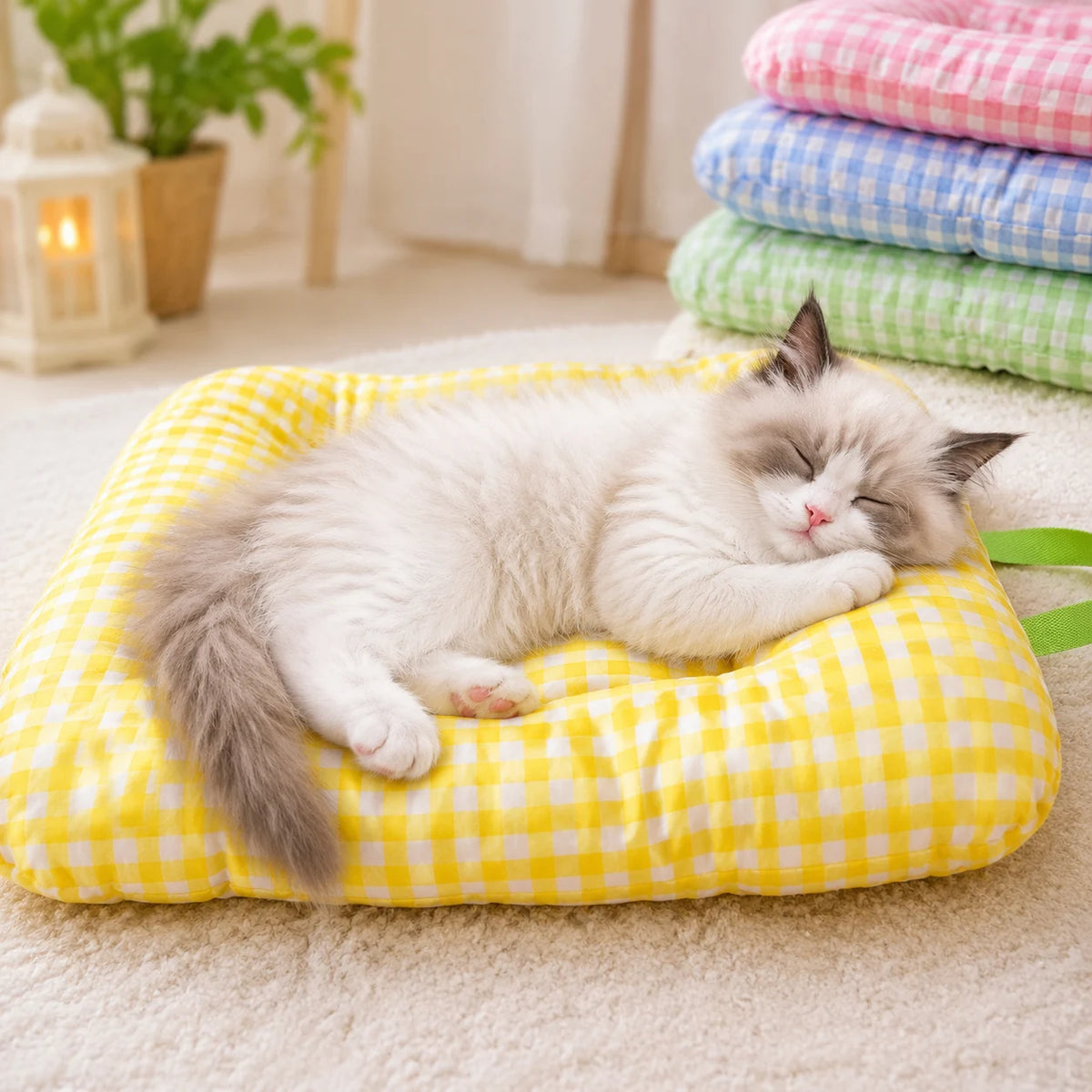 coussin animal carreaux jaune bleu vert rose moderne portable lavable ruban fixe