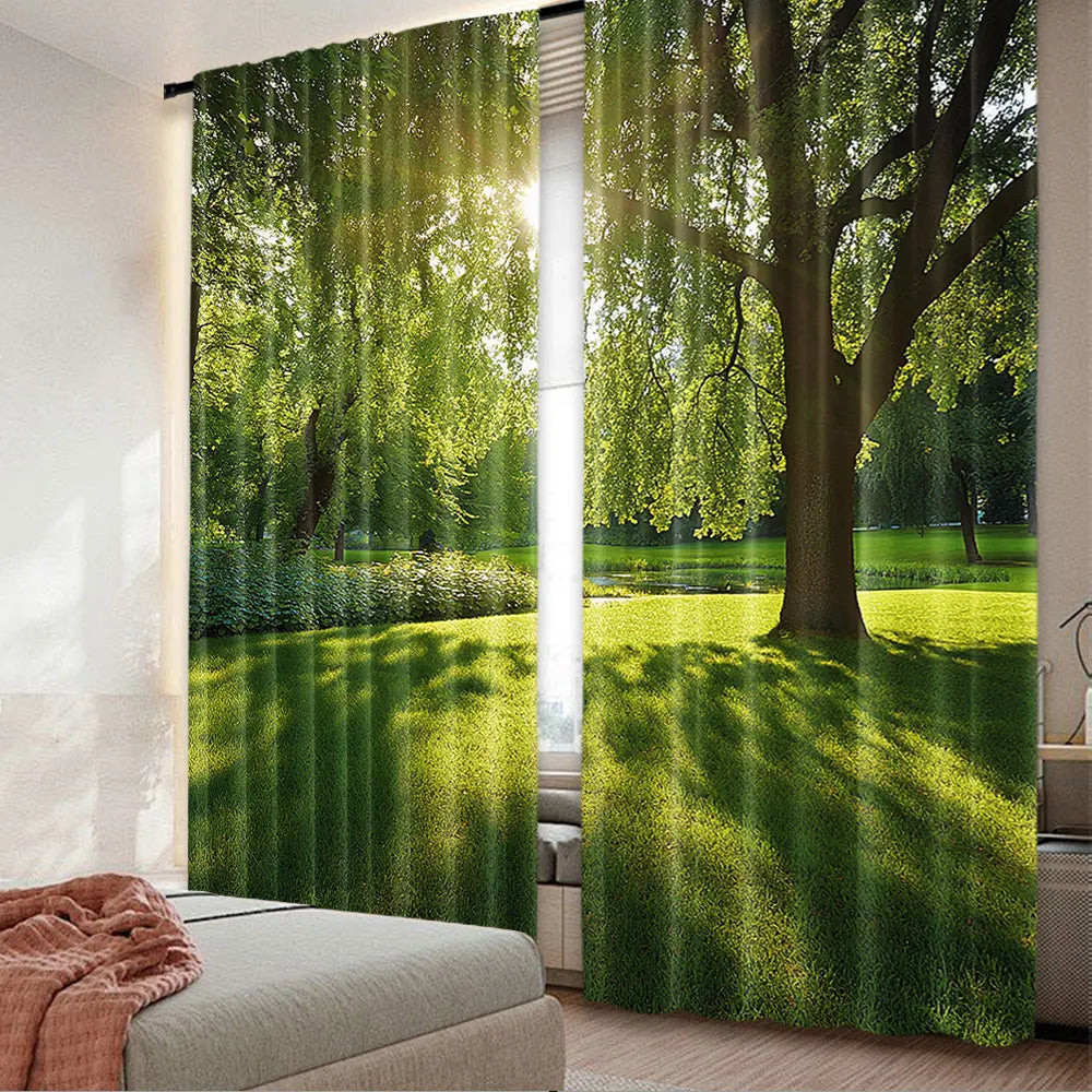 rideau vert paysager polyester extérieur deux panneaux arbres lumière naturel décoratif plissé vertical