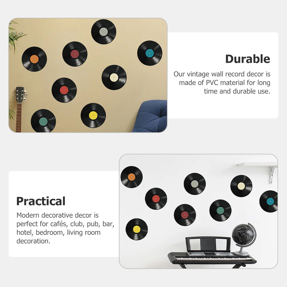 Vue d'ensemble d'un mur décoré avec plusieurs disques en vinyle