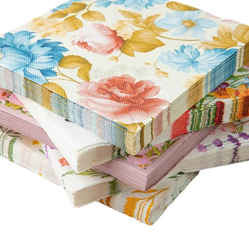 serviettes papier multicolores fleurs décoratives anniversaire mariage fêtes thème rétro printemps vintage