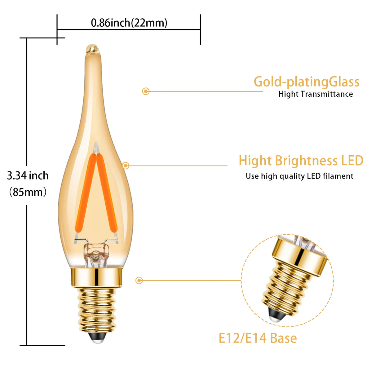 ampoules led vintage or filaments forme flamme transparentes e12 e14 2w blanc chaud 25000h