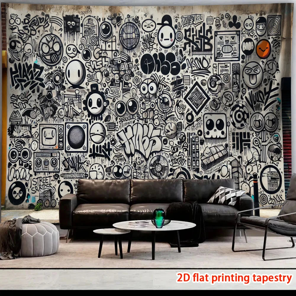 tapisserie imprimée moderne graphique noir blanc salon chambre décoration clips fixations abstraite symboles diverse