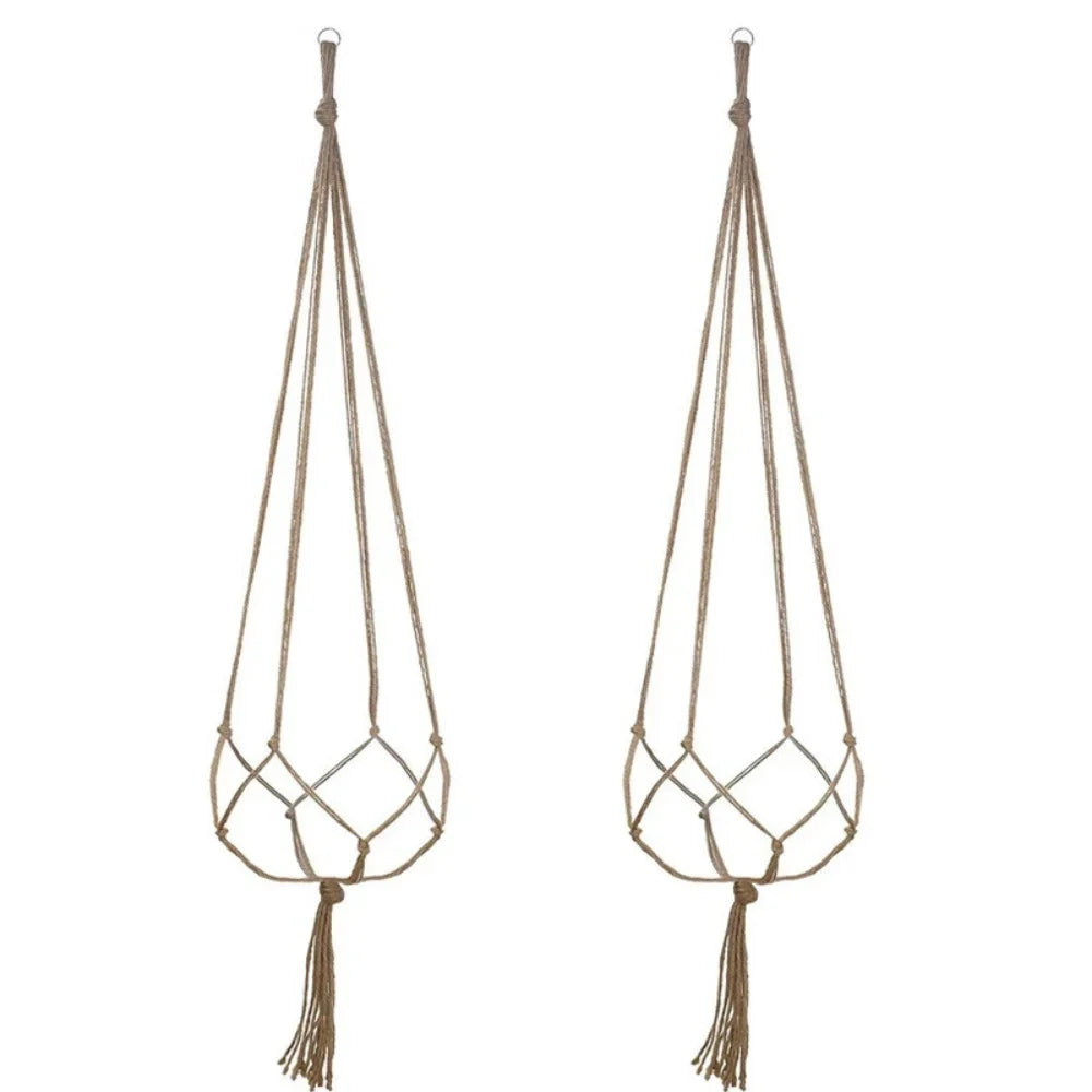 panier suspendu boho chic tissé motifs floraux jaune clair crochets métalliques deux cordons suspension
