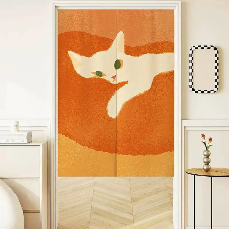 rideau porte tissu motif chat orange beige gris noir moderne sans perçage adhésif maison
