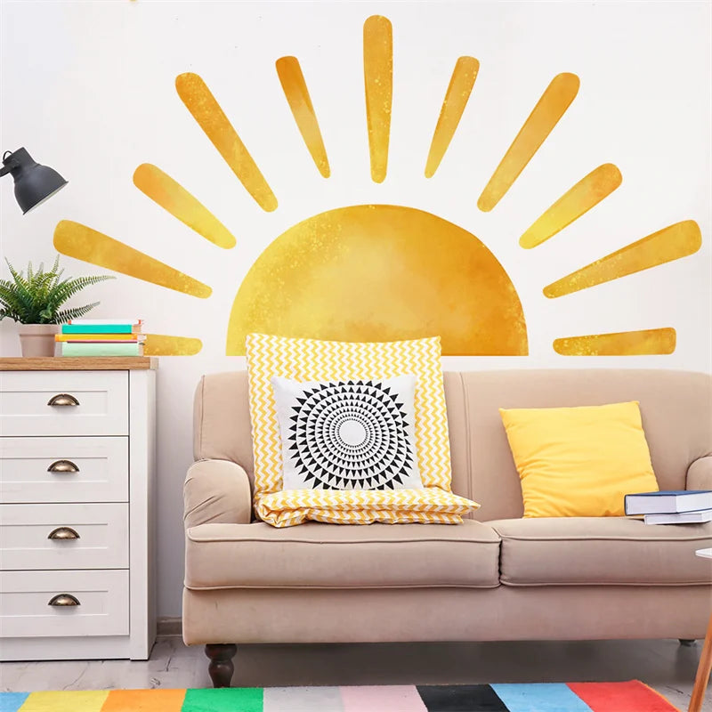 sticker mural moderne rayons solaires or jaune décoration chambre enfants Boho aquarelle autocollant vinyle