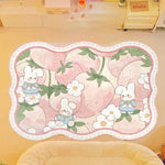 Tapis moelleux avec des lapins mignons et des fleurs printanières sur un fond rose.