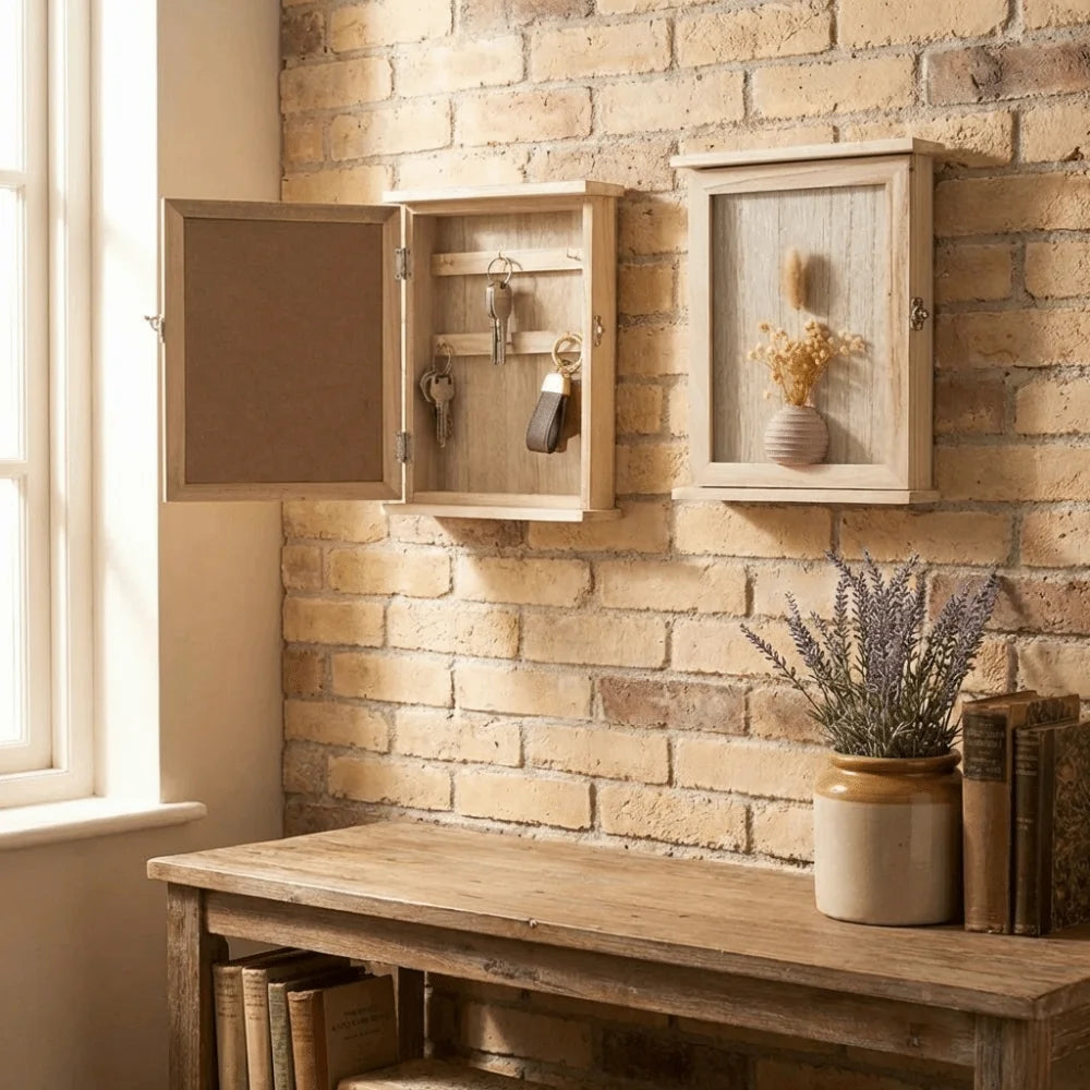 boîte murale bois naturel rustique minimaliste porte clés décoration entrée salon fleurs sèches vase