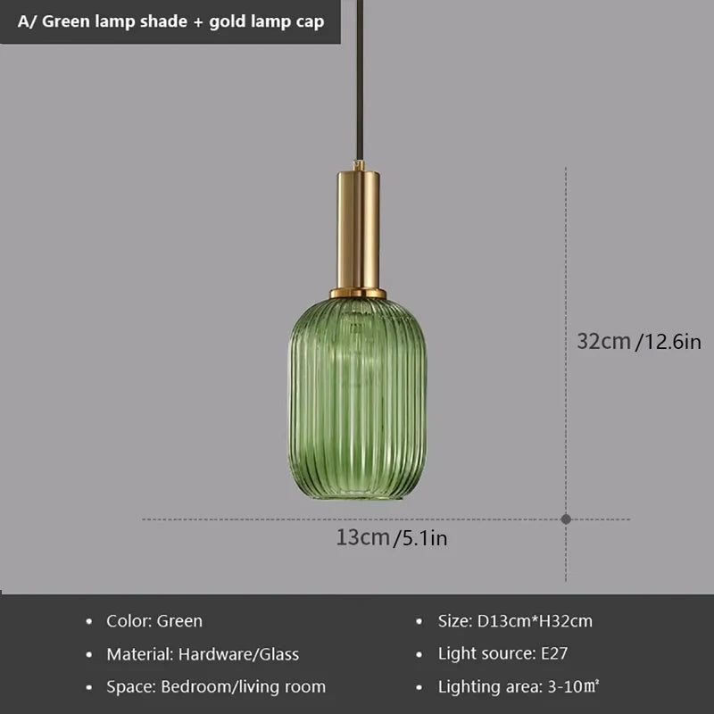 Suspension lumineuse moderne vert gris doré rayures verticales opaques câble noir E27