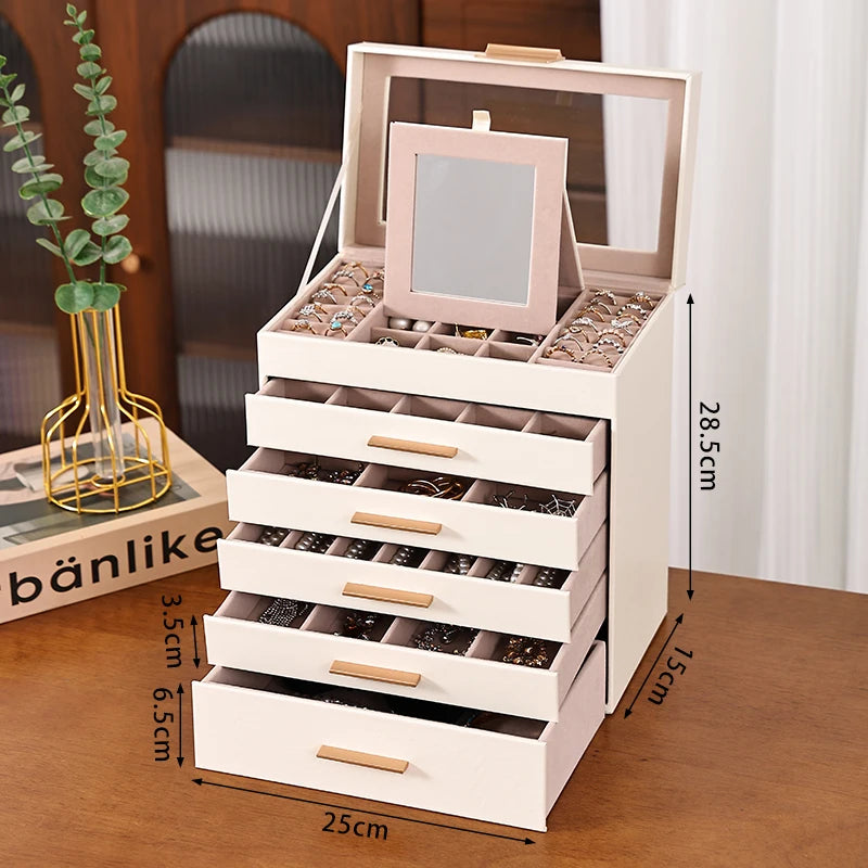boîte bijoux cuir pu blanc moderne miroir compartiments poignées dorées portable