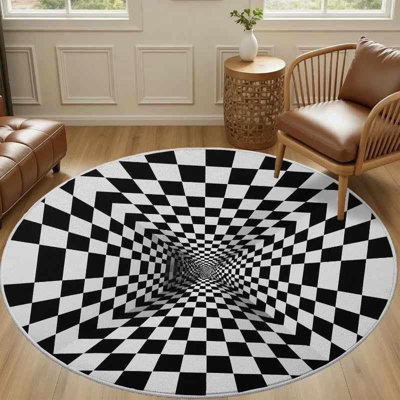 tapis rond moderne optique points carreaux noir blanc orange bleu 80x80cm 120x120cm