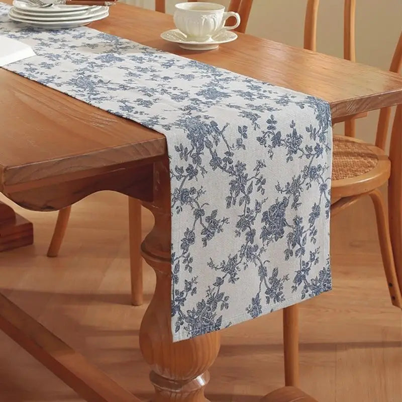 nappe table motif floraux coton polyester rustique beige bleu foncé dimensions variées