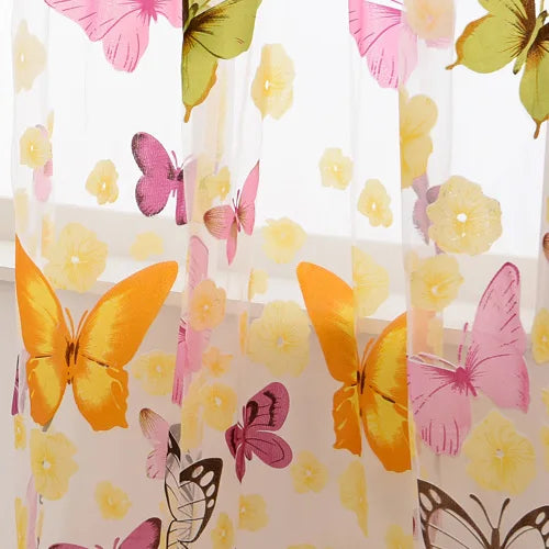 rideau moderne transparent papillons colorés salon polyester inclusion blanc jaune rose vert noir