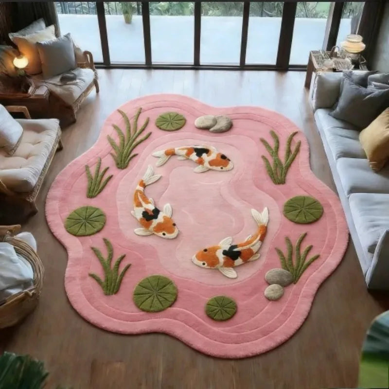 tapis poisson carpe feuilles fleurs moderne salon imperméable antidérapant polyester bleu vert orange