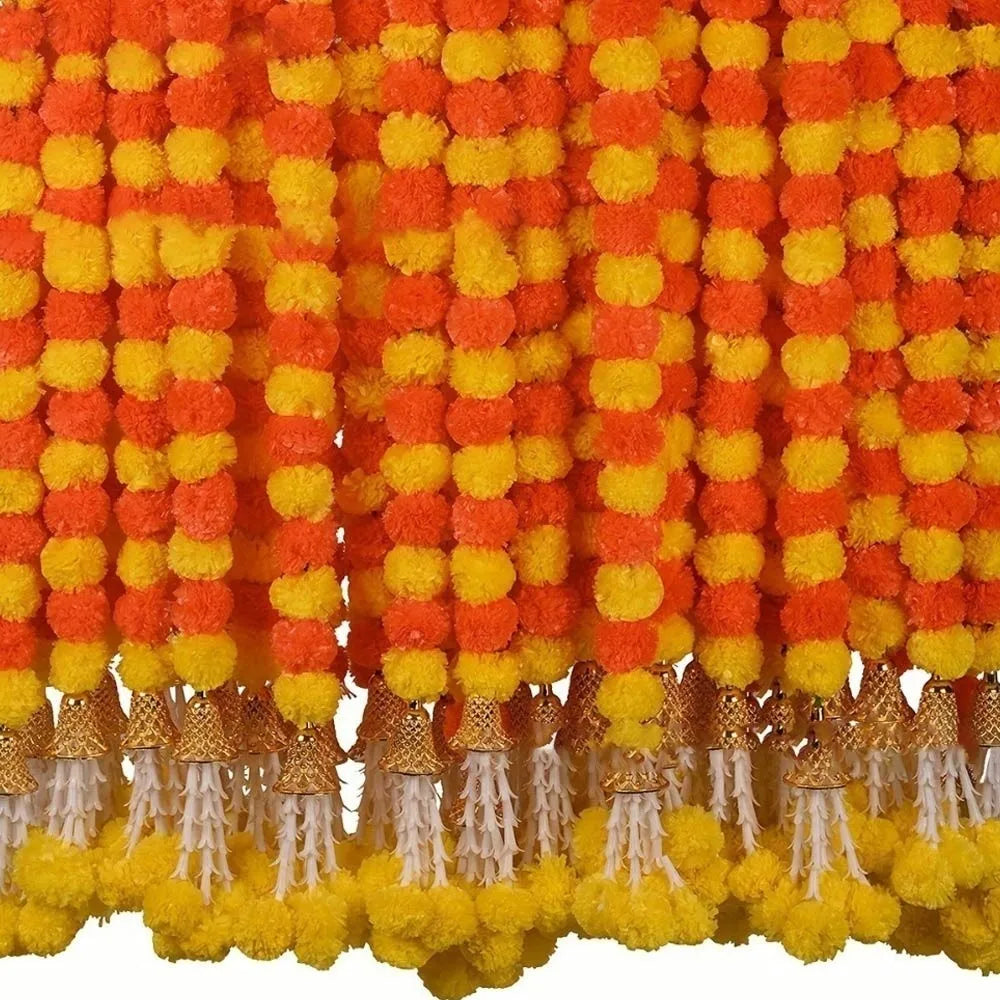 guirlande artificielle fleurs orange jaune rouge décoration festive indienne attaches extrémités