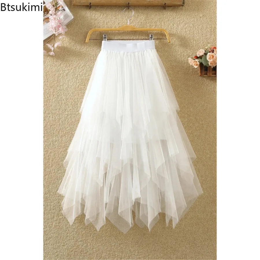 jupe tulle plissée féminine élastique printemps été rose clair gris blanc noir élégante lignemidi