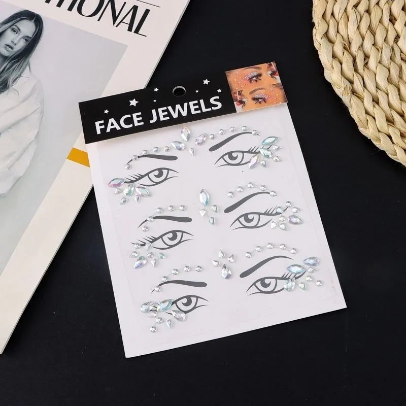bijoux faciaux autocollants rose argenté strass brillants transparent modernes festifs temporaires