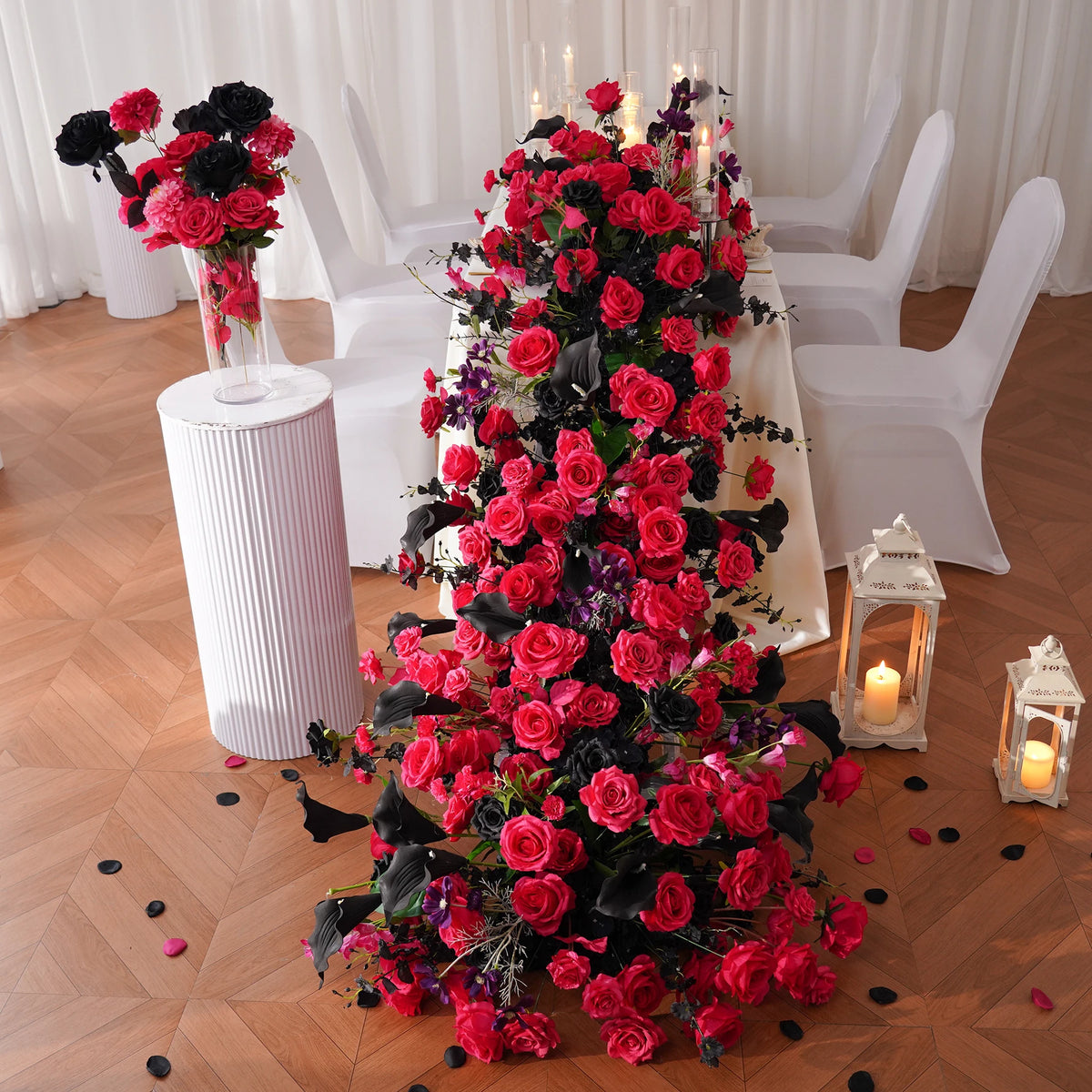 décoration événement mariage fleurs artificielles cascade romantique élégante violet rose rouge