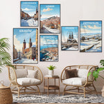 Cette collection d'affiches de voyage représente plusieurs destinations européennes, telles que Copenhague, Lisbonne, Cracovie, Dubrovnik et les Cotswolds, offrant une décoration murale inspirante et évocatrice pour un intérieur moderne et cosmopolite.