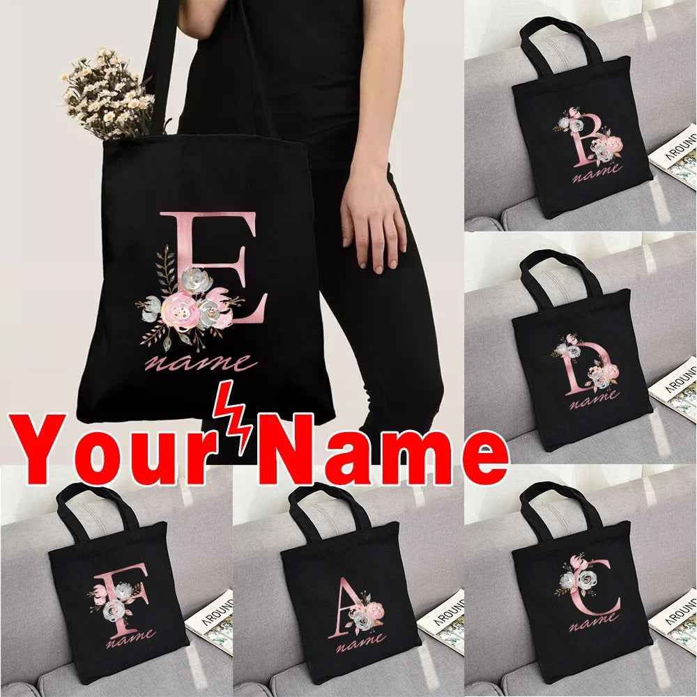 sac main femme toile noir motif fleurs roses lettres personnalisées grand cabas pliable