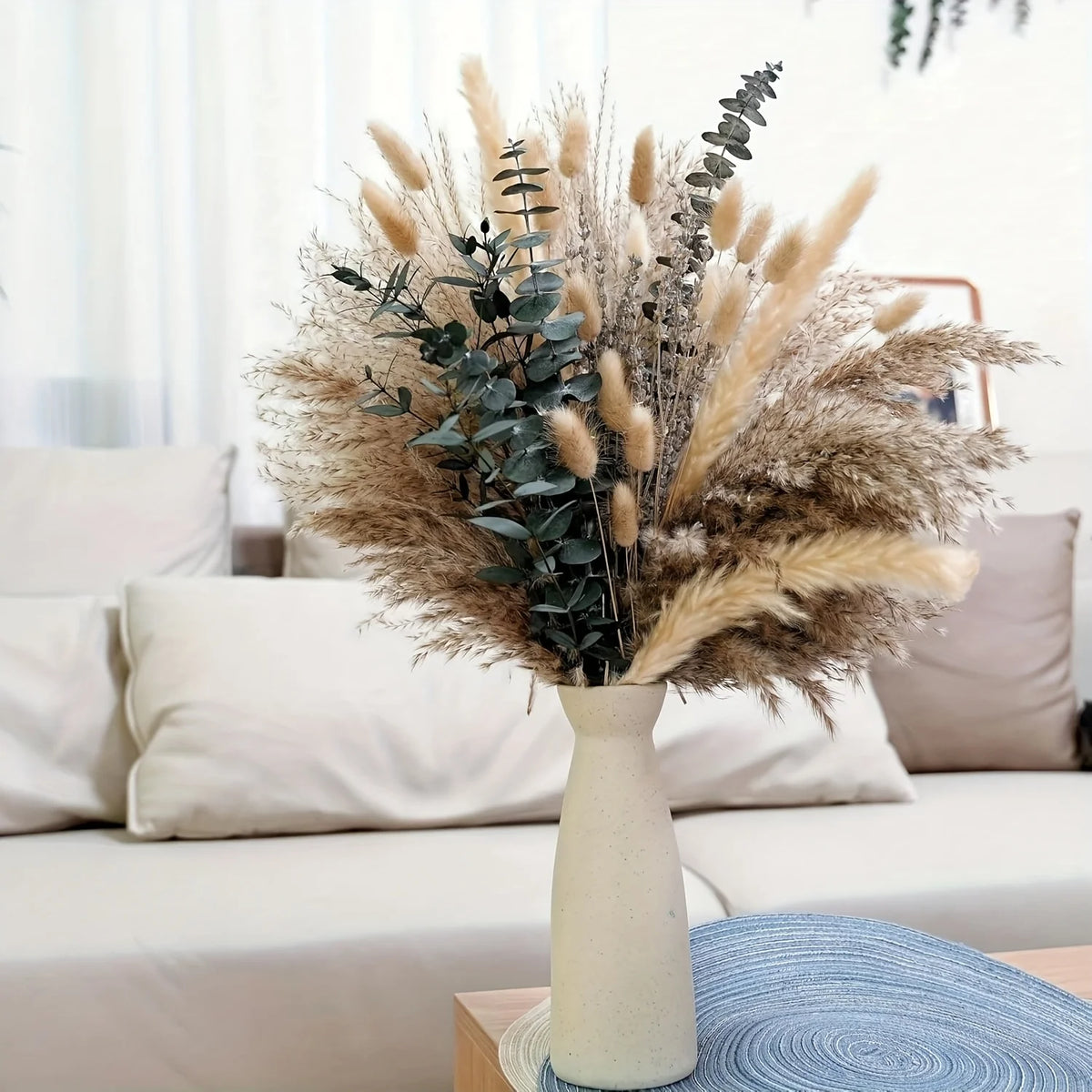 bouquet fleurs séchées beige vert boho rustique décoration intérieure anniversaire mariage pendaison crémaillère