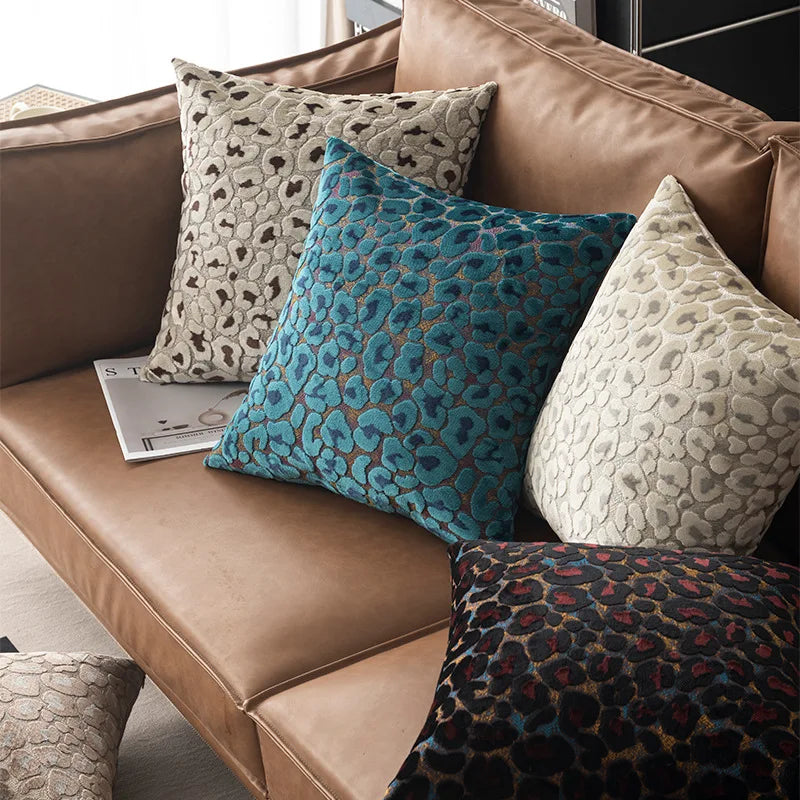 housse coussin léopard velours polyester contemporain beige orange bleu salon chambre canapé carré déco