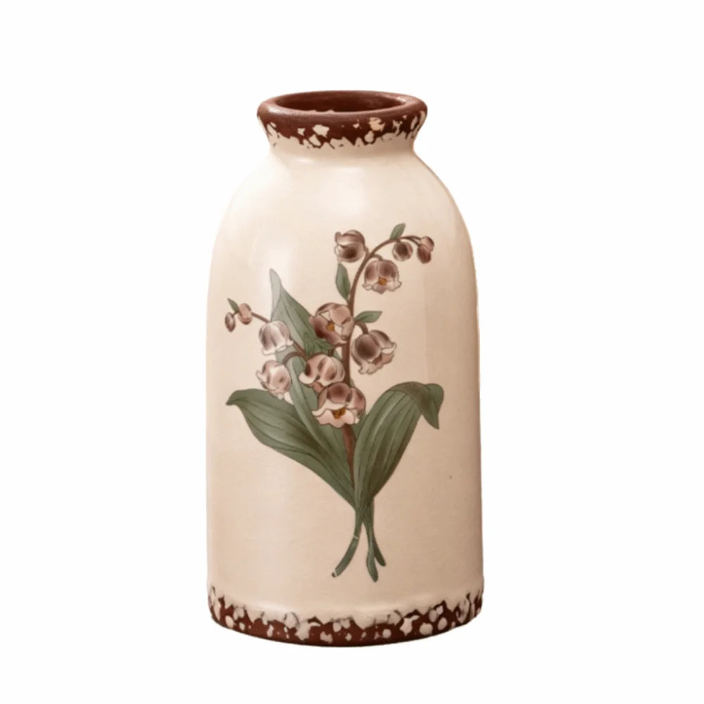 vase vintage floral poterie opaque couleur beige vert rose brun