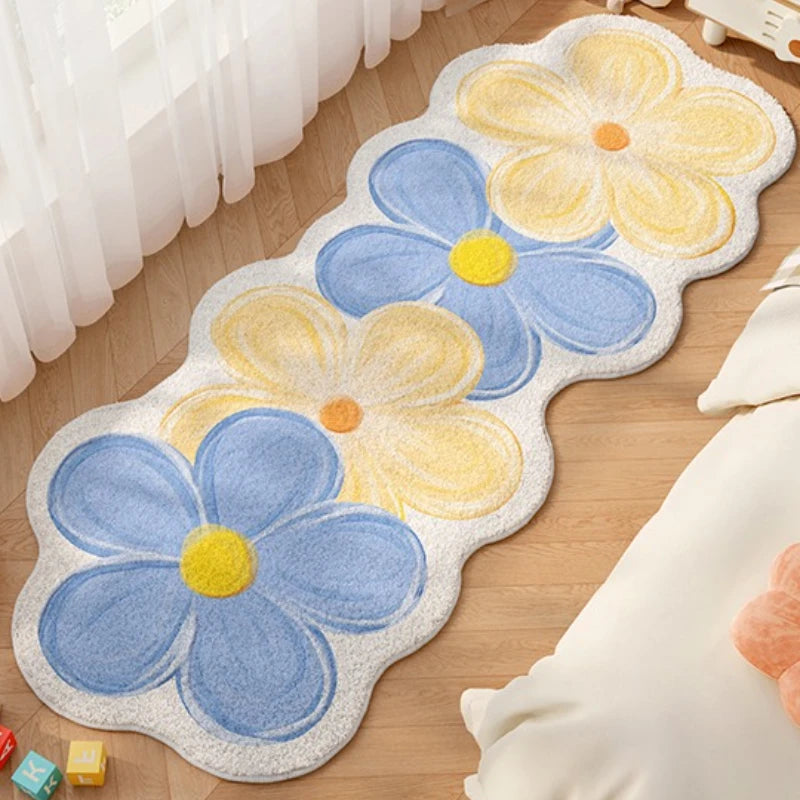 tapis fleur stylisé doux antidérapant absorbant moderne bleu jaune blanc rose grisintérieurextérieur
