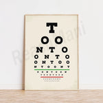 Affiche d'examen optique avec des lettres et des chiffres disposés de manière symétrique, créant une illusion d'optique.