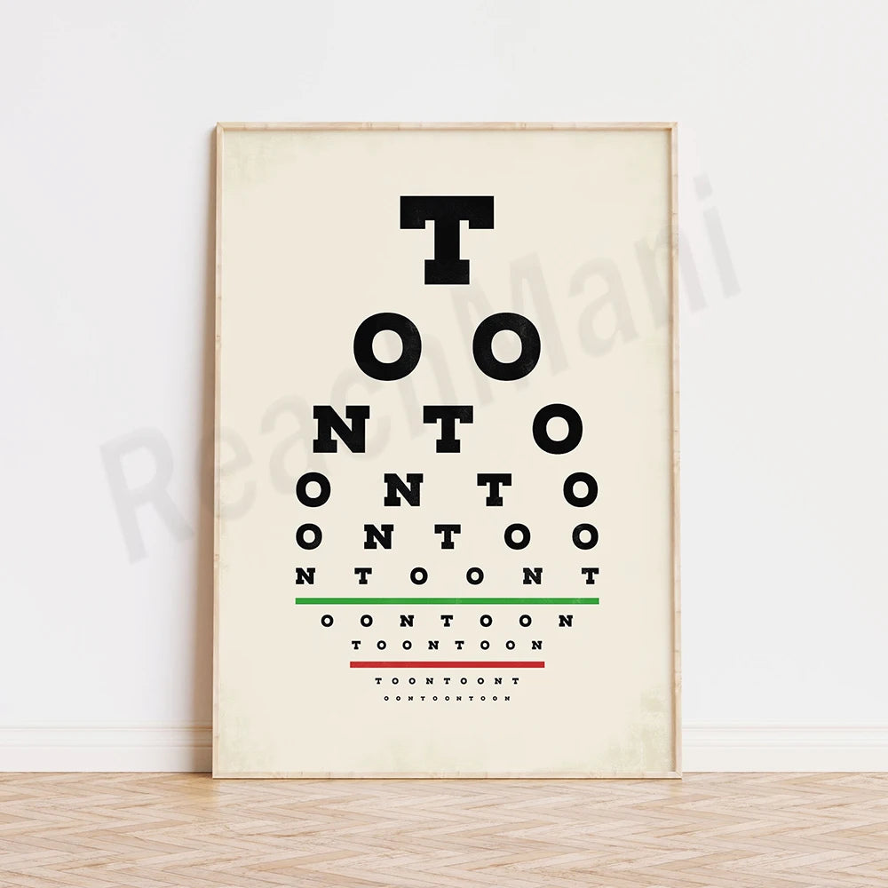 Affiche d'examen optique avec des lettres et des chiffres disposés de manière symétrique, créant une illusion d'optique.