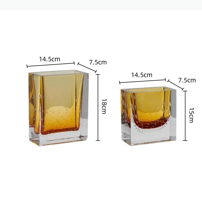 vase verre transparent jaune ambré moderne bulles air texturé fleurs rosesbranches orange