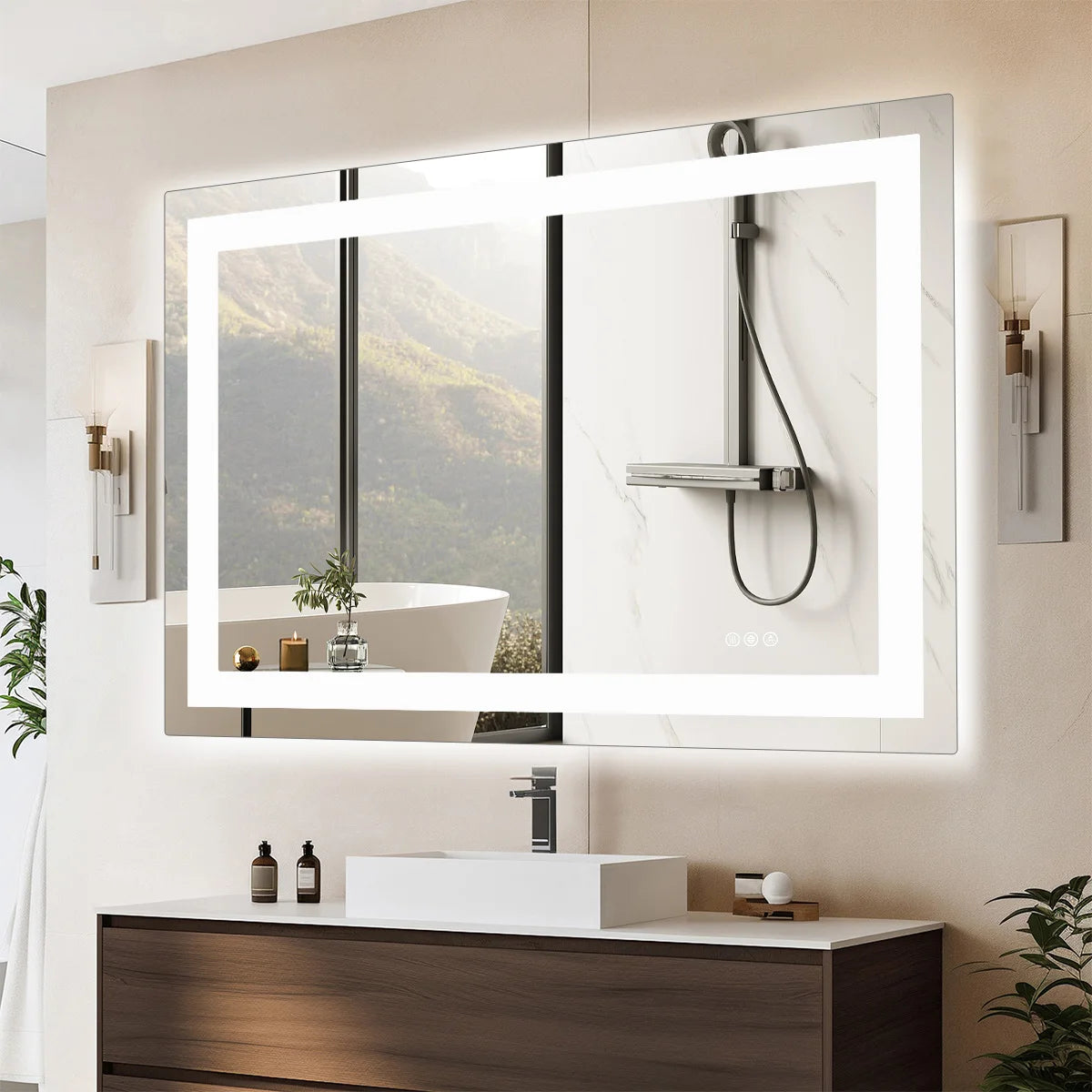 meuble salle bain moderne vasque encastrable led blanc texture bois marbre étagères accessoires minimaliste
