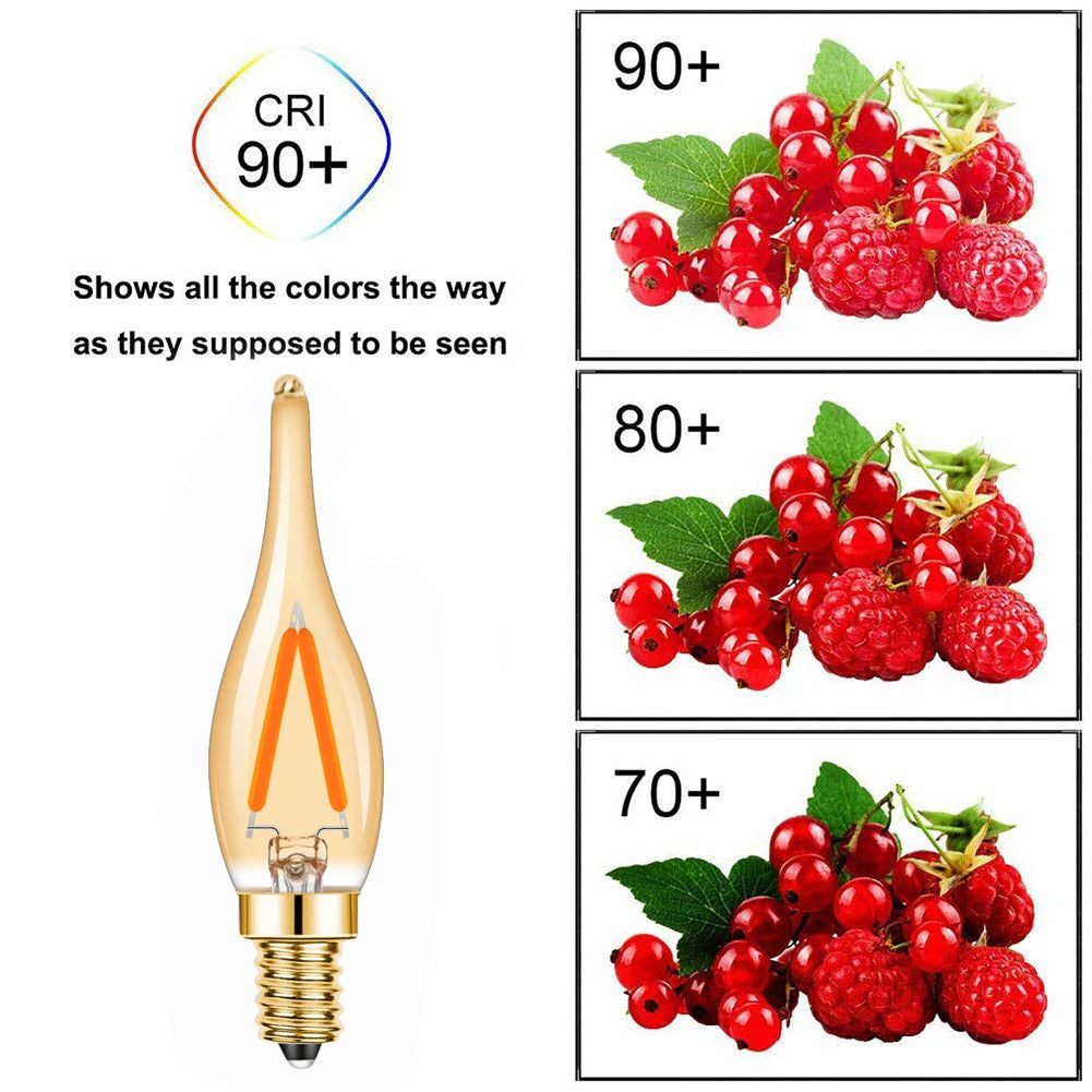 ampoules led vintage or filaments forme flamme transparentes e12 e14 2w blanc chaud 25000h