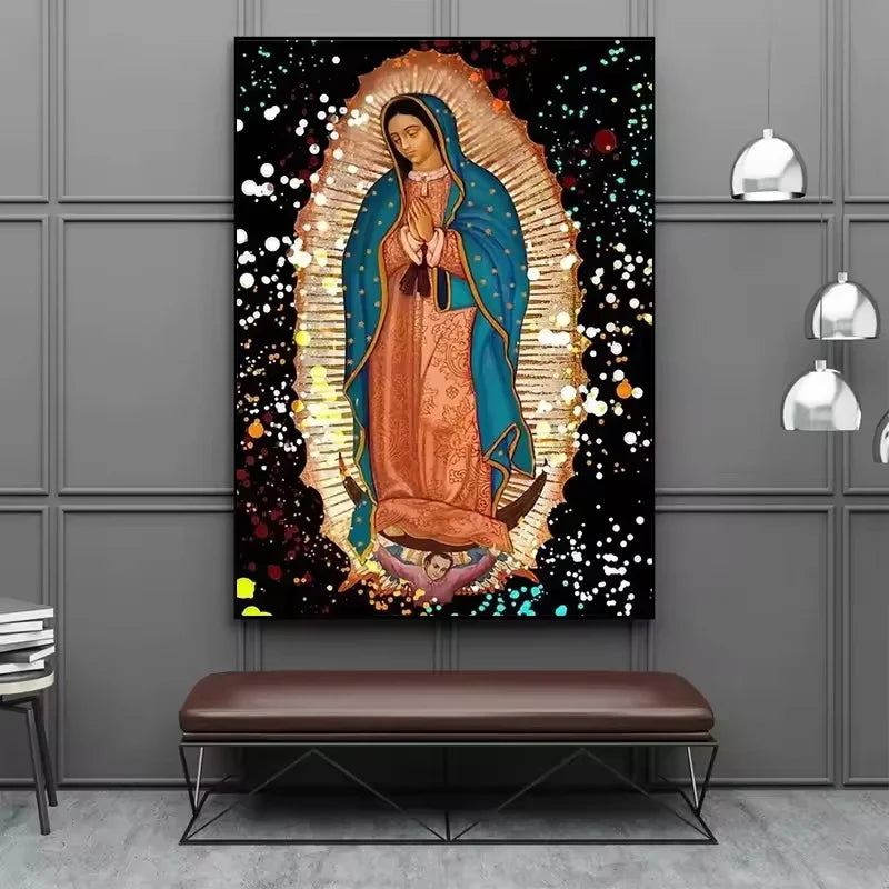 tableau religieux moderne toile ornements floraux motifs catholiques détails bleu doré noirDecorationMurrale